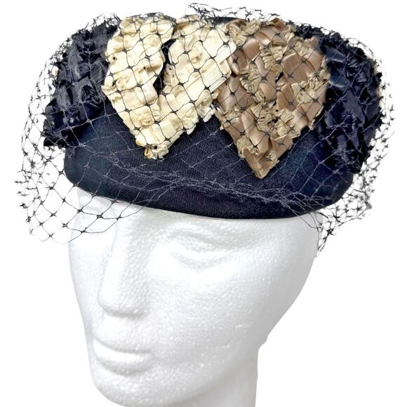 VTG 1950s Pillbox Hat Net Veil Womens Black Cream Taupe Woven Raffia Rockabilly - Picture 2 of 10